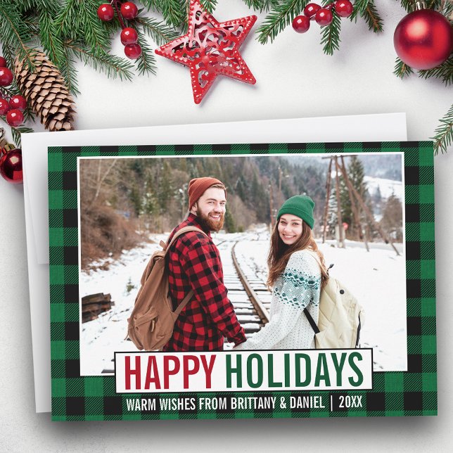 Tarjeta Festiva Festividades Felices Modernas Foto Green Plaid (Customize to add text to back of card.)