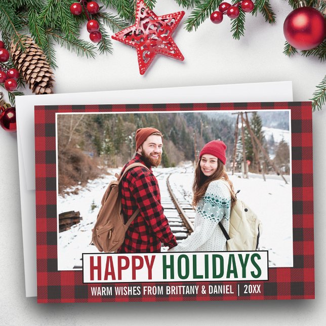 Tarjeta Festiva Festividades Felices Modernas Foto Red Plaid (Customize to add text to back of card.)