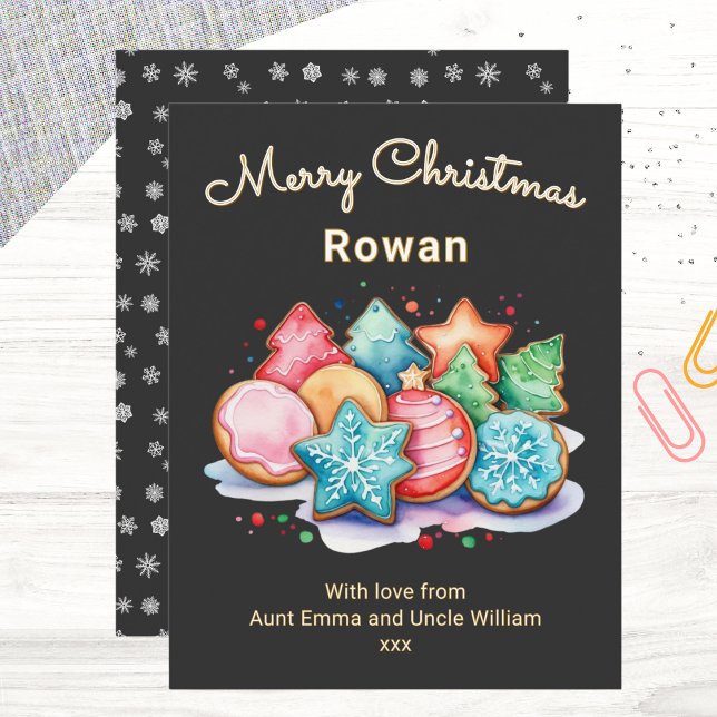 Tarjeta Festiva Festividades Iced Cookies Personalizadas Feliz Nav (A modern Christmas card with colorful cookies picture in a watercolor style, on a black background)