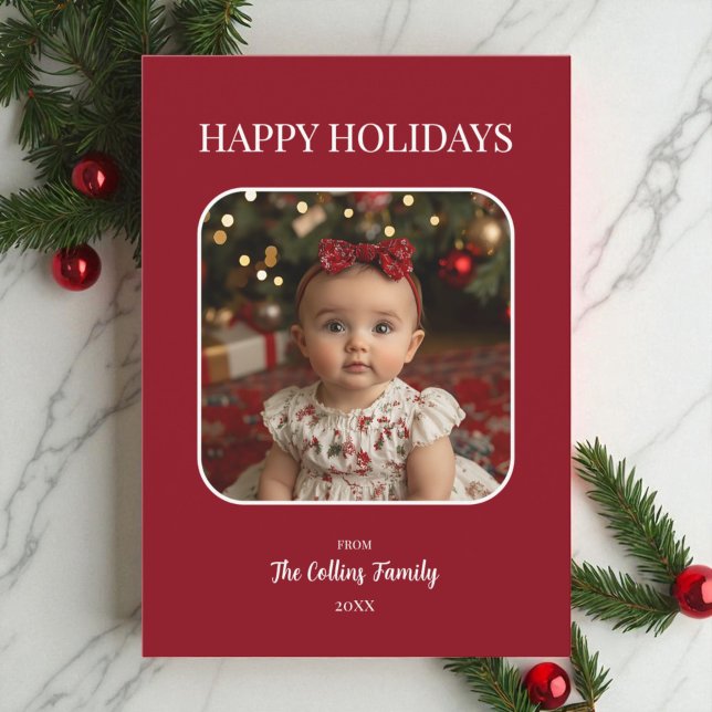 Tarjeta Festiva Festividades Red Happy Fotos de Bebé Navidades Min (Red Happy Holidays Baby Photo Minimalist Christmas Holiday Card)