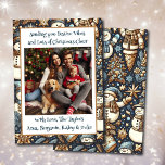 Tarjeta Festiva Festividades y Navidades celebran foto familiar<br><div class="desc">Tarjetas de Navidad personalizadas con una foto familiar. Antecedentes festivos de las vacaciones de los hombres de nieve de bonito azul y oro.</div>