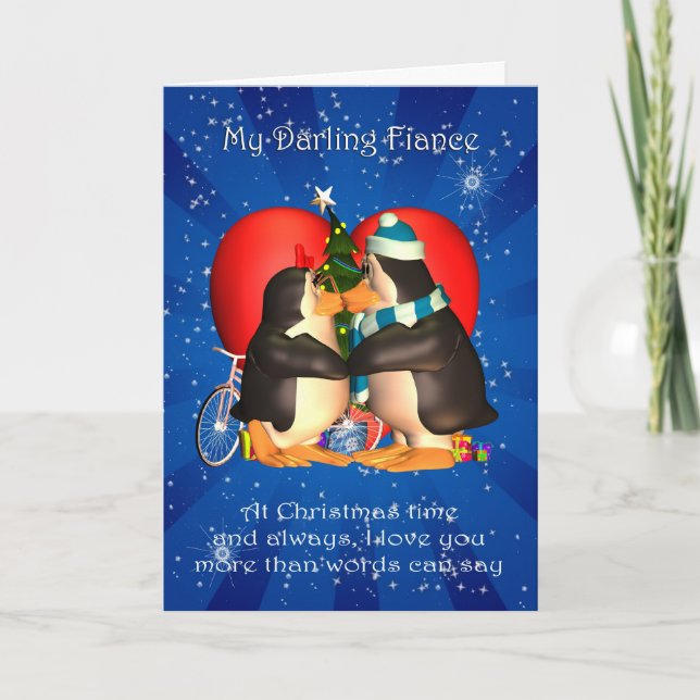 Tarjeta Festiva Fiance Christmas Card With Kissing Penguins Heart (Anverso)