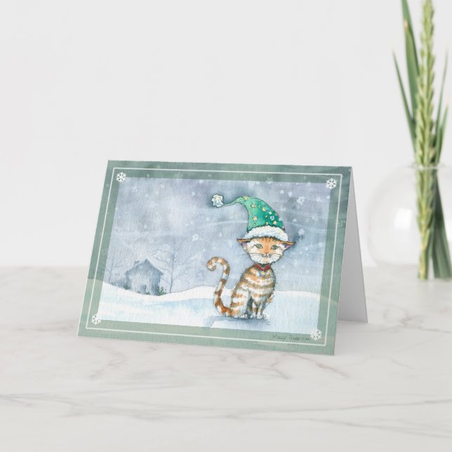 Tarjeta Festiva Ficha de Navidades de gato de Tabby de Molly Harri (Anverso)
