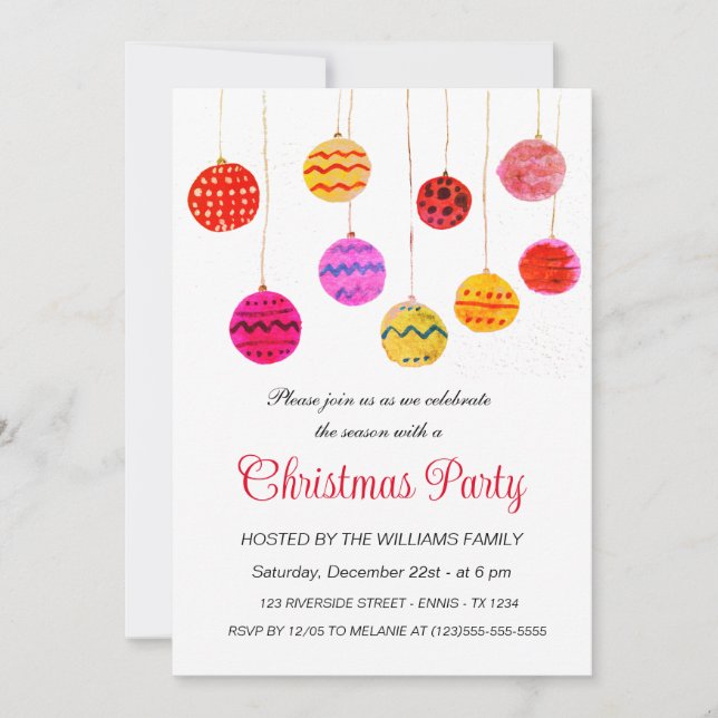 Tarjeta Festiva Fiesta acuarela de Navidades de ornamentos en balb (Anverso)