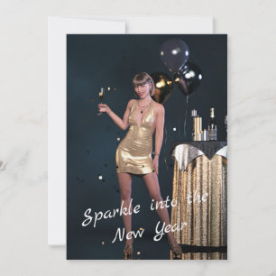Tarjeta Festiva Fiesta Chica de Año Nuevo con vestimenta secuencia