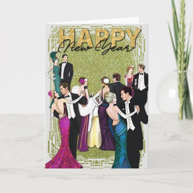 Tarjeta Festiva Fiesta de Año Nuevo Art Déco de la época Flapper d (Anverso)