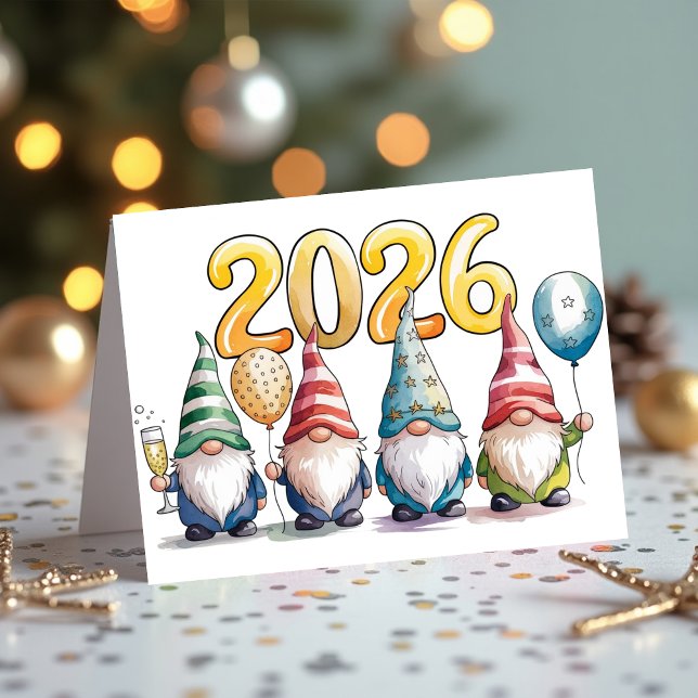 Tarjeta Festiva Fiesta de Celebración de Gnomos Lindos de Año Nuev (2026 New Year Cute Gnomes Celebration Party Holiday Card)