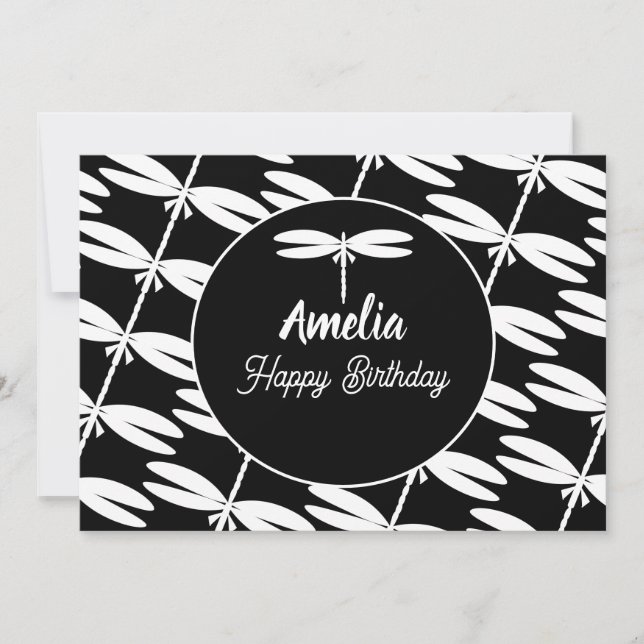 Tarjeta Festiva Fiesta de Cumpleaños de Libélulas Negro Blanco par (Anverso)