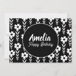 Tarjeta Festiva Fiesta de Cumpleaños Floral Blanco y Negro para Co