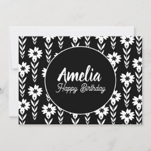 Tarjeta Festiva Fiesta de Cumpleaños Floral Blanco y Negro para Co