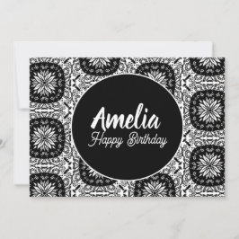 Tarjeta Festiva Fiesta de Cumpleaños Mandala Floral Blanco y Negro