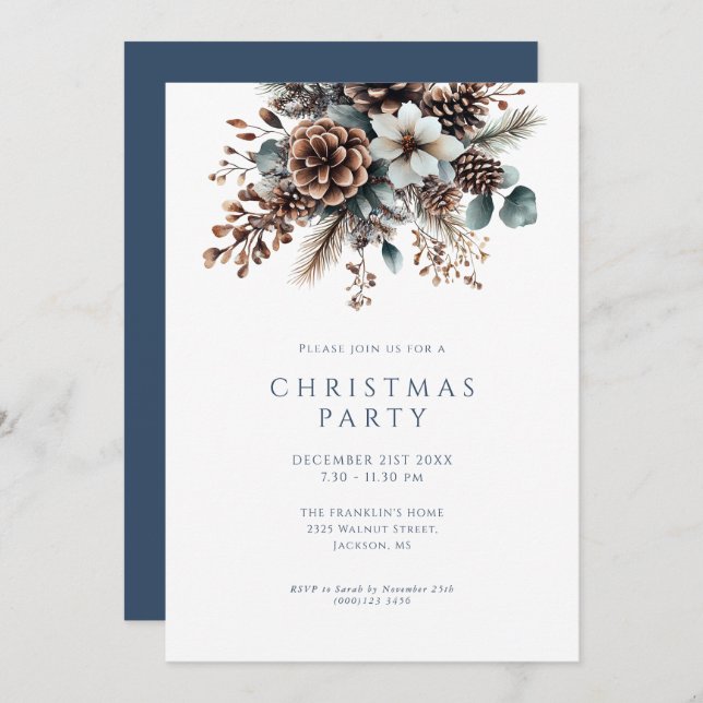 Tarjeta Festiva Fiesta de feriado de Navidades florales de inviern (Anverso / Reverso)