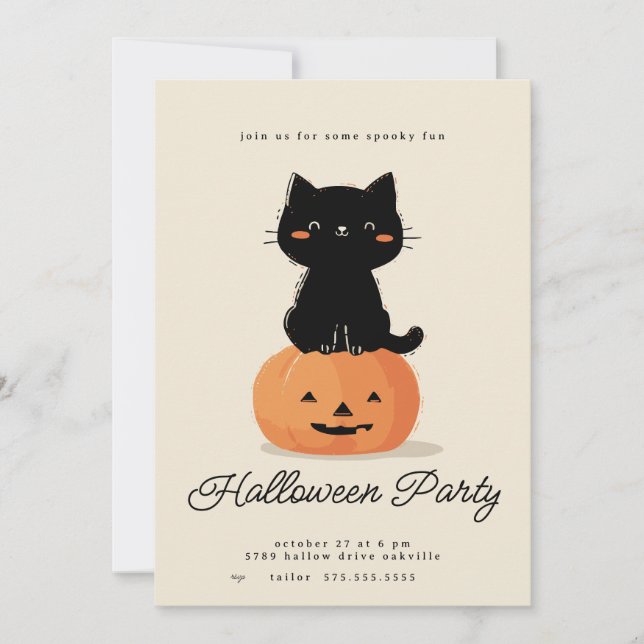 Tarjeta Festiva Fiesta de Halloween de Gato y Calabaza (Anverso)