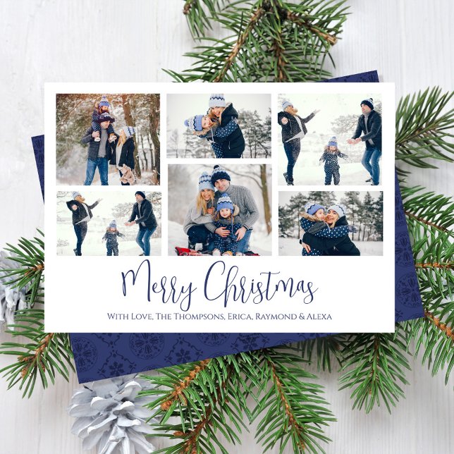 Tarjeta Festiva Fiesta de navidades 6 Seis copos de nieve azul de  (Merry Christmas cute calligraphy script multi-photo card with navy blue snowflake pattern. )