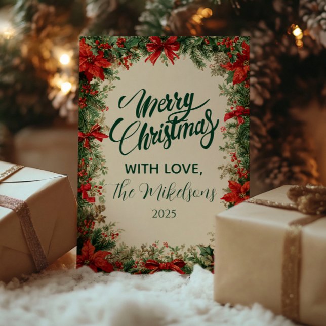 Tarjeta Festiva Fiesta de Navidades de Poinsettia Pine Rústica (Subido por el creador)