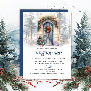 Tarjeta Festiva Fiesta de Navidades de puertas de madera azul oscu