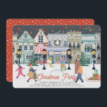 Tarjeta Festiva Fiesta de Navidades de Winter Holiday Town<br><div class="desc">Esta invitación festiva a la fiesta de los Navidades incluye un pueblo Navidad con gente haciendo compras en navidades, una cafetería, un teatro, un muñeco de nieve y trineos. El reverso presenta un fondo rojo con patrones de nieve blancos. Personalízalo para tus necesidades. Puedes encontrar productos coincidentes en mi tienda....</div>