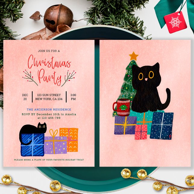 Tarjeta Festiva Fiesta de Navidades rosados del café de gato negro (Front and Back)