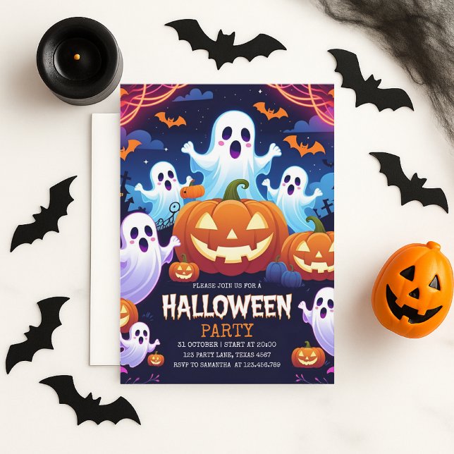 Tarjeta Festiva Fiesta de niños de Halloween con fantasía y calaba (Subido por el creador)