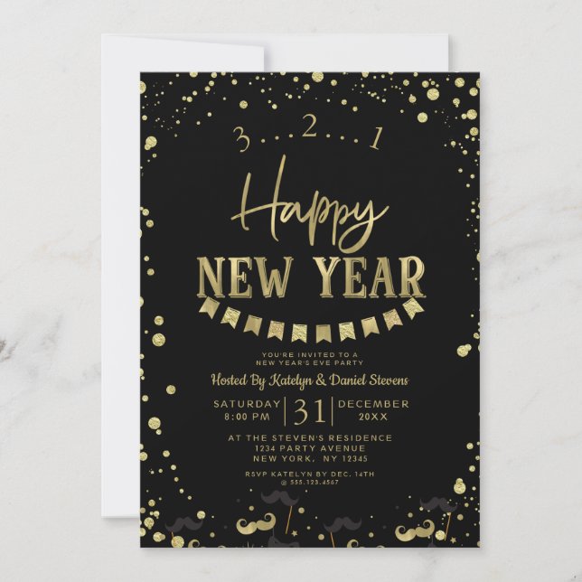 Tarjeta Festiva Fiesta de Nochevieja de Confetti Negro y Relieve m (Anverso)