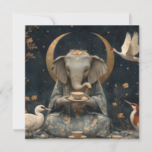 Tarjeta Festiva Fiesta De Té De Elefante Mítico Bajo Crescent Moon