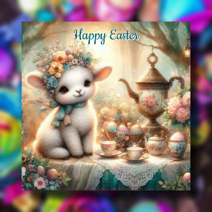 Tarjeta Festiva Fiesta de té de Pascua encantadora con cordero de 