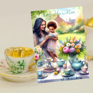 Tarjeta Festiva Fiesta de té lindo con mamá acuarela Día de la mad