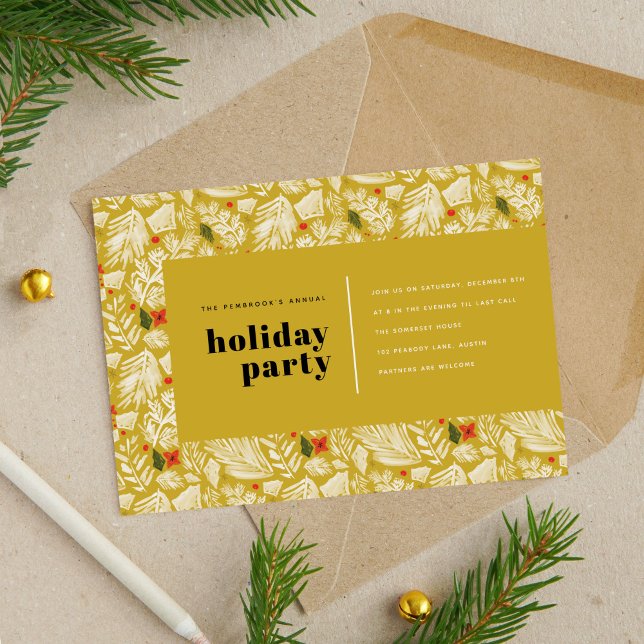 Tarjeta Festiva Fiesta de vacaciones botánicas para festividades a (Yellow Modern Festive Botanical Holiday Party)