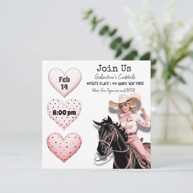 Tarjeta Festiva Fiesta del Día de la Vaquera Rosa Retro Galentine (Anverso de pie)