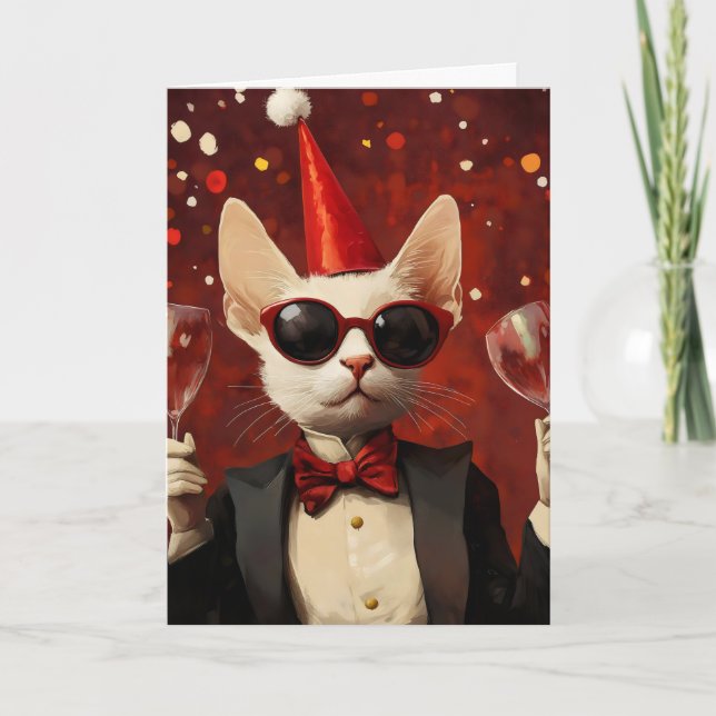 Tarjeta Festiva Fiesta Divertida Gato Elegante (Anverso)