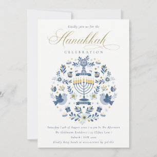 Tarjeta Festiva Fiesta floral de Hanukkah en azul marino elegante