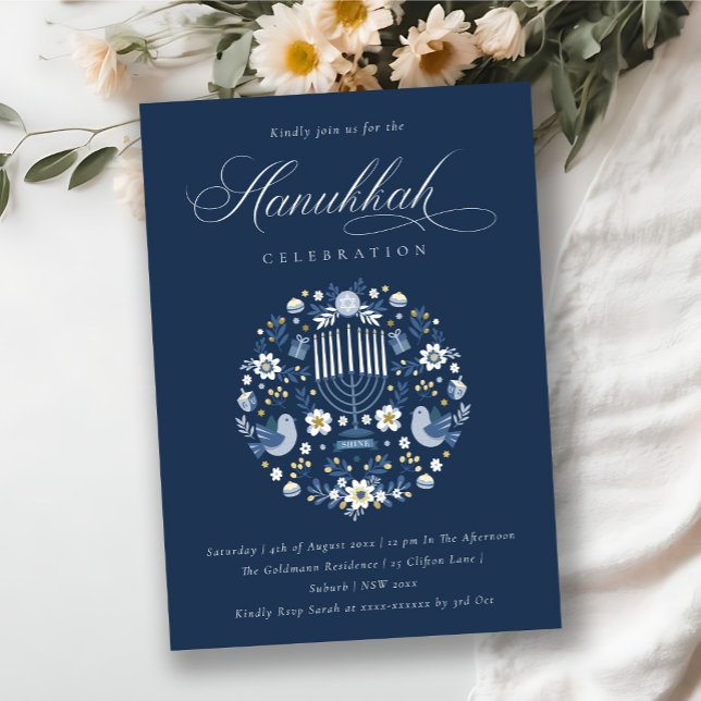 Tarjeta Festiva Fiesta floral Hanukkah Blue de la Marina (Subido por el creador)