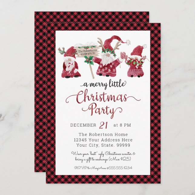 Tarjeta Festiva Fiesta Navideña Pequeña y Alegre de Gnomos Reno Cu (Anverso / Reverso)