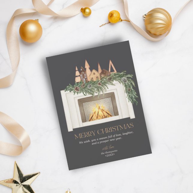 Tarjeta Festiva Fiesta sin foto acuarela chimenea árboles escandin (Subido por el creador)