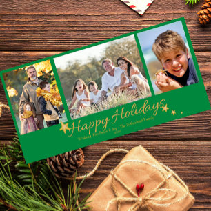 Tarjeta Festiva Fiestas felices doradas y verdes 3 Collage de foto