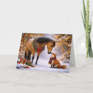 Tarjeta Festiva Fiestas Navideñas con Zorro y Madera de Caballo