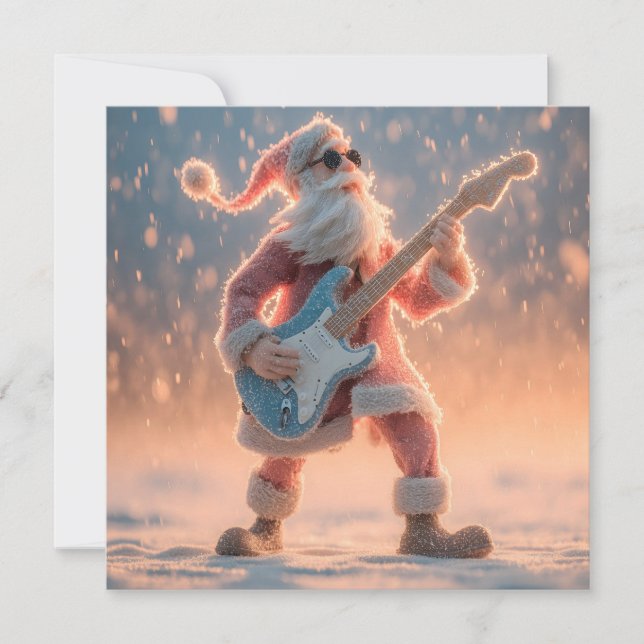 Tarjeta Festiva Figura de Papá Noel tocando una guitarra eléctrica (Anverso)