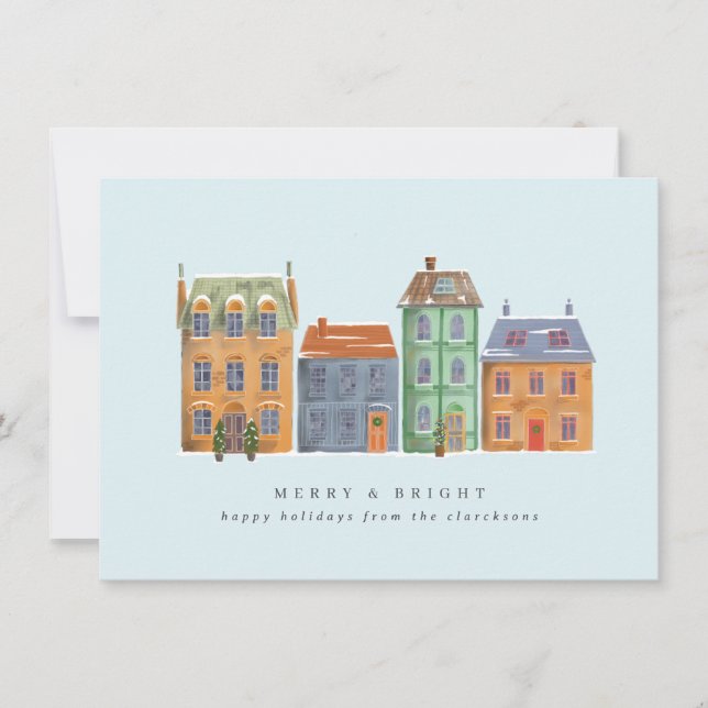 Tarjeta Festiva Fila De Casas En Un Día De Invierno (Anverso)