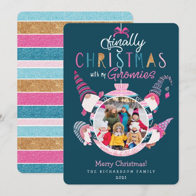 Tarjeta Festiva Finalmente Navidades con mi Gnomies Fun Family Pho (Anverso / Reverso)