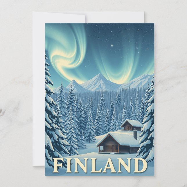 Tarjeta Festiva Finland Northern Lights Winter Cabin Flat Card (Anverso)