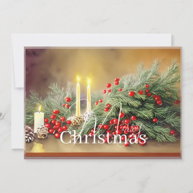Tarjeta Festiva Fir bayas y velas Navidades de presupuesto (Anverso)