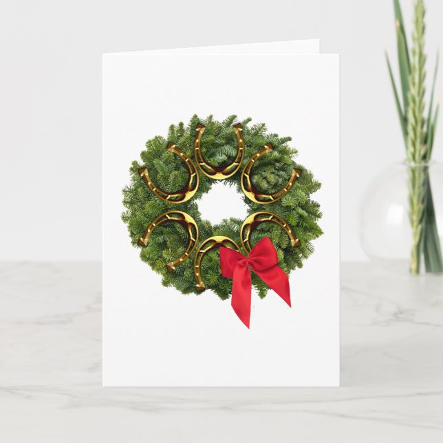 Tarjeta Festiva Fir Wreath with Gold Horseshoes & Red Bow (Anverso)