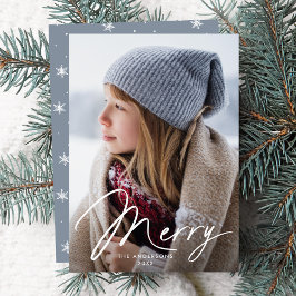 Tarjeta Festiva Firma moderna de merry Script Icy Blue Photo