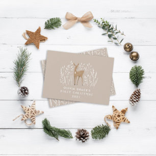 Tarjeta Festiva First Christmas natural reindeers delicate rustic