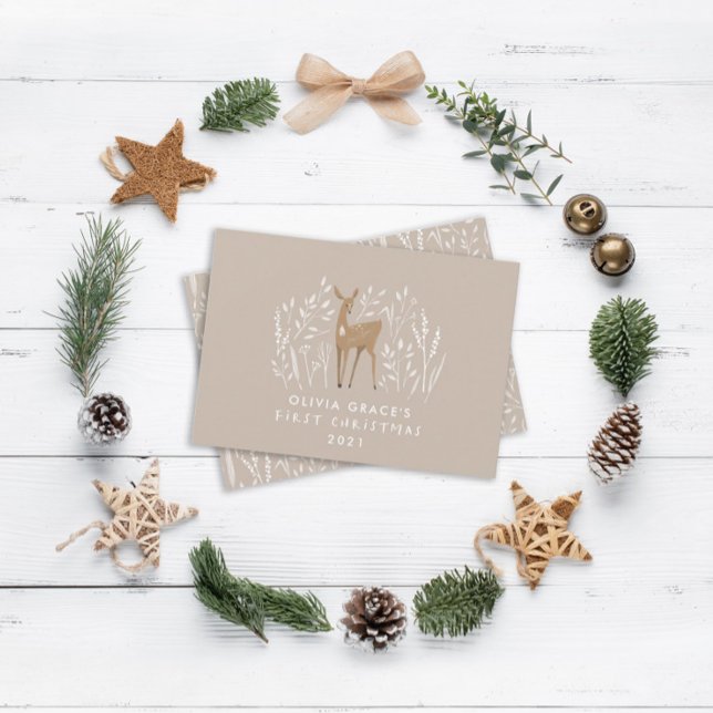 Tarjeta Festiva First Christmas natural reindeers delicate rustic (Subido por el creador)