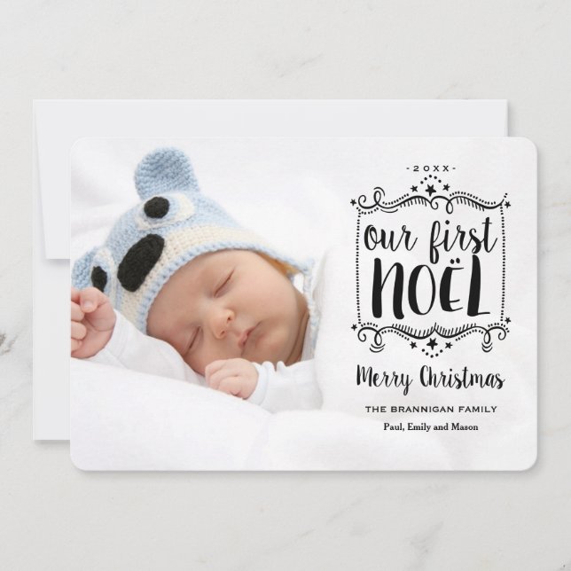 Tarjeta Festiva First Noel Merry Christmas Holiday Photo Card (Anverso)