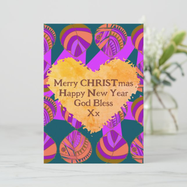 Tarjeta Festiva Fish deja a Navidades Naranjas morados verdes (Anverso de pie)