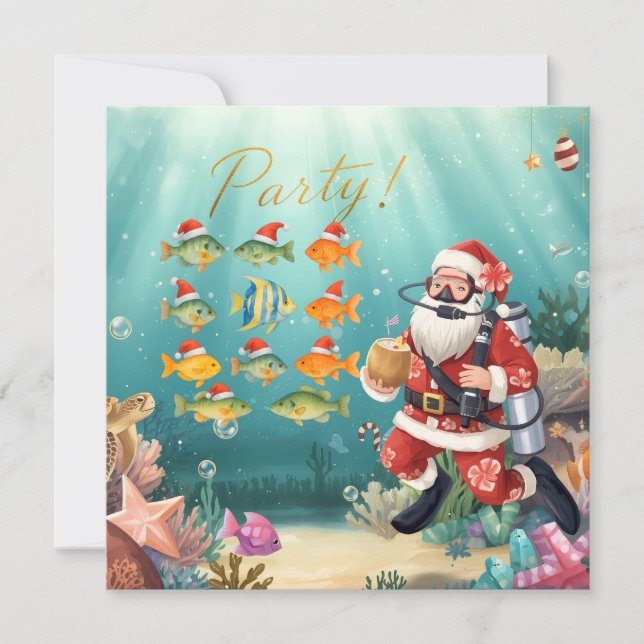 Tarjeta Festiva Fish wears Santa Hat Christmas Party with Santa (Anverso)