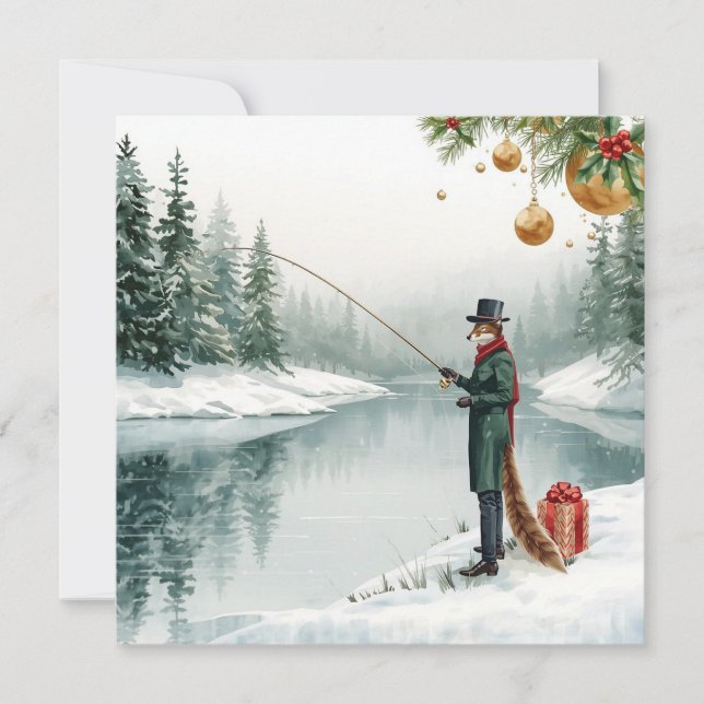 Tarjeta Festiva Fishing Christmas with FOX  in the Winter (Anverso)