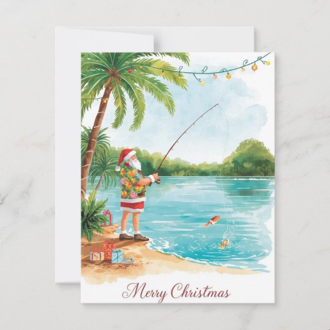 Tarjeta Festiva Fishing Christmas with Santa Claus Holiday Card (Anverso)